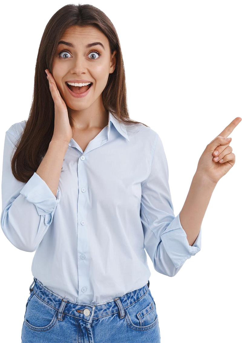 Enthusiastic woman pointing to leadership coaching plan from MindKlok