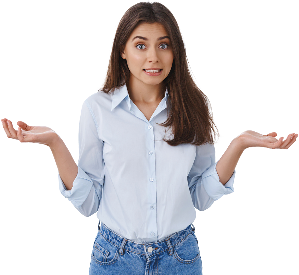Woman shrugging shoulders with confused expression on contact page