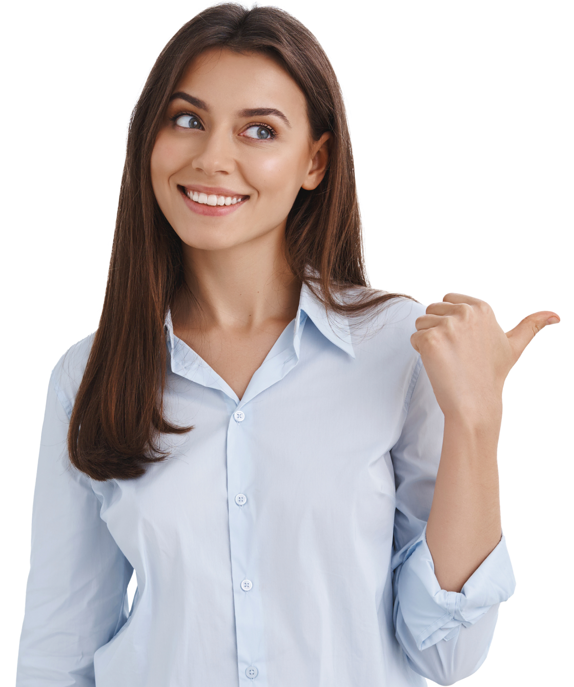 Smiling woman pointing towards Mindshift coaching plans for business success