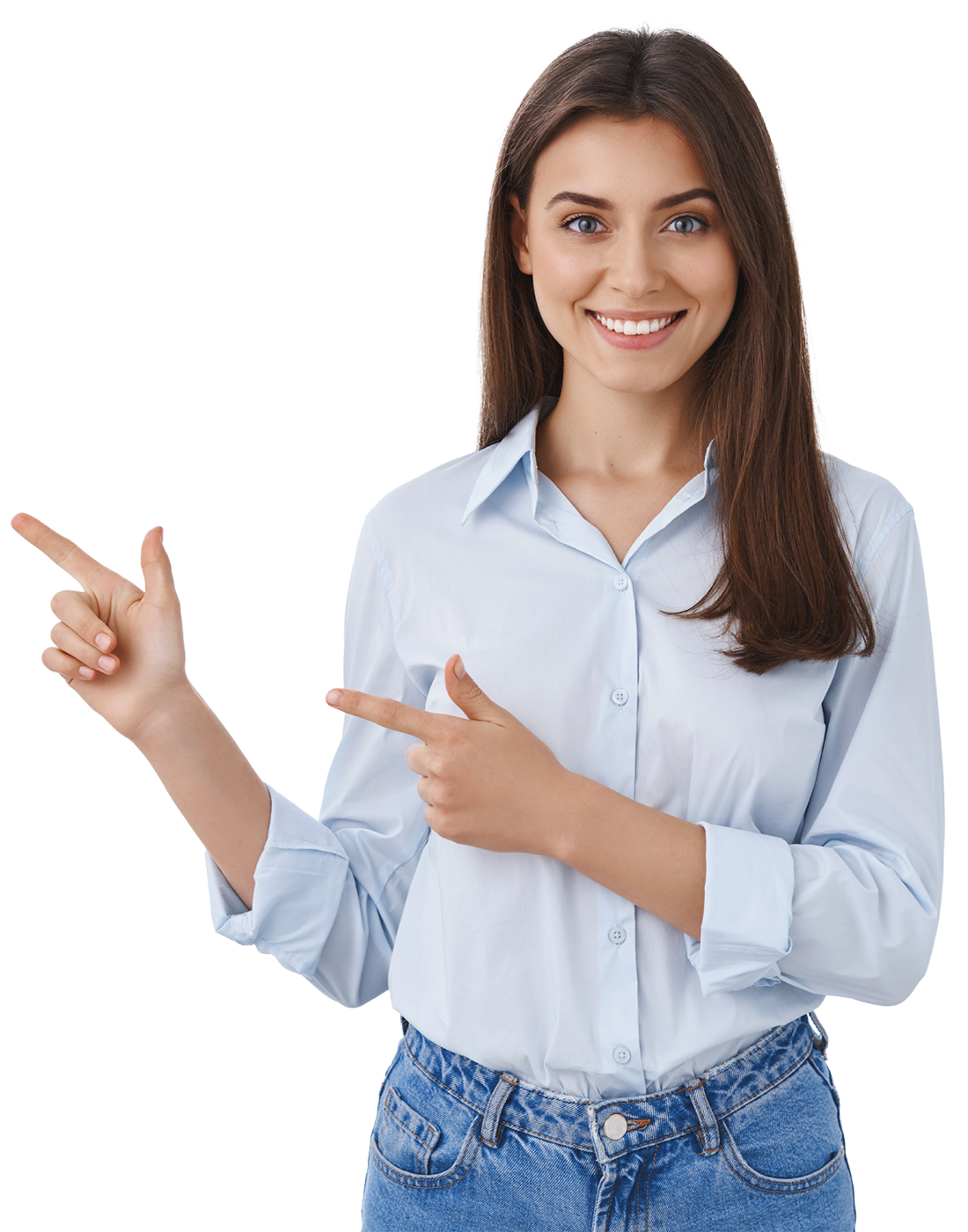 Woman pointing as a visual break in team coaching landing page content